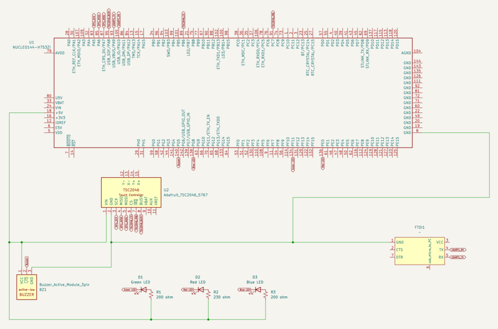 STM32 resistive touch screen schematic: Nucleo-H753ZI wired to the Adafruit TSC2046 breakout over SPI1, three LEDs with resistors, an active buzzer, and an FTDI adapter on USART1