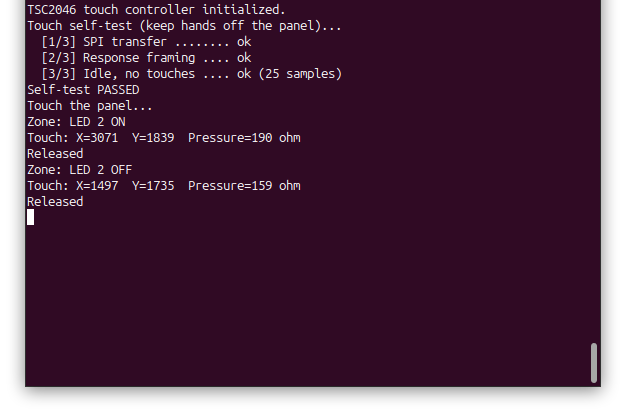 Serial terminal output showing the self-test passing, then Zone, Touch and Released lines