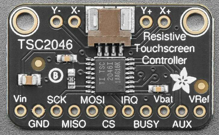 Adafruit TSC2046 resistive touchscreen controller breakout with labeled pins Vin, GND, SCK, MISO, MOSI, CS, IRQ, BUSY, Vbat, AUX and VRef, plus the Y-, X-, Y+ and X+ touch panel pads