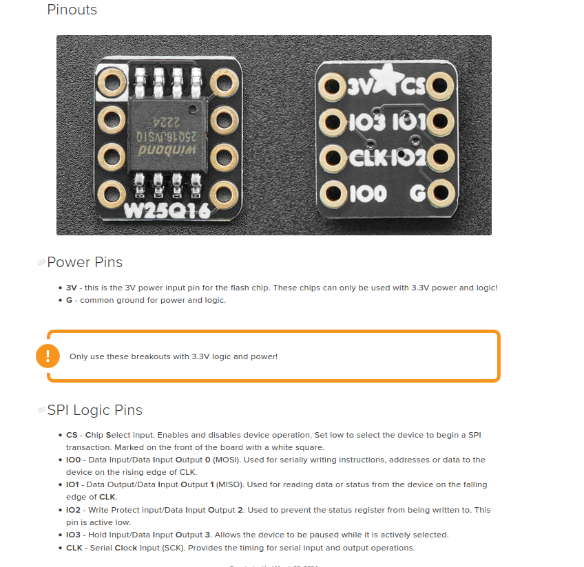 Adafruit QSPI DIP breakout pinout diagram, showing 3V, CS, IO3, IO1, CLK, IO2, IO0, and G pins