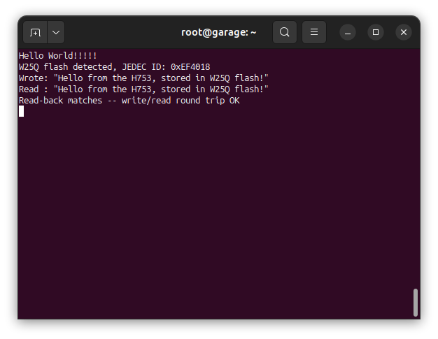 Terminal output: Hello World, W25Q flash detected JEDEC ID 0xEF4018, write/read-back round trip OK